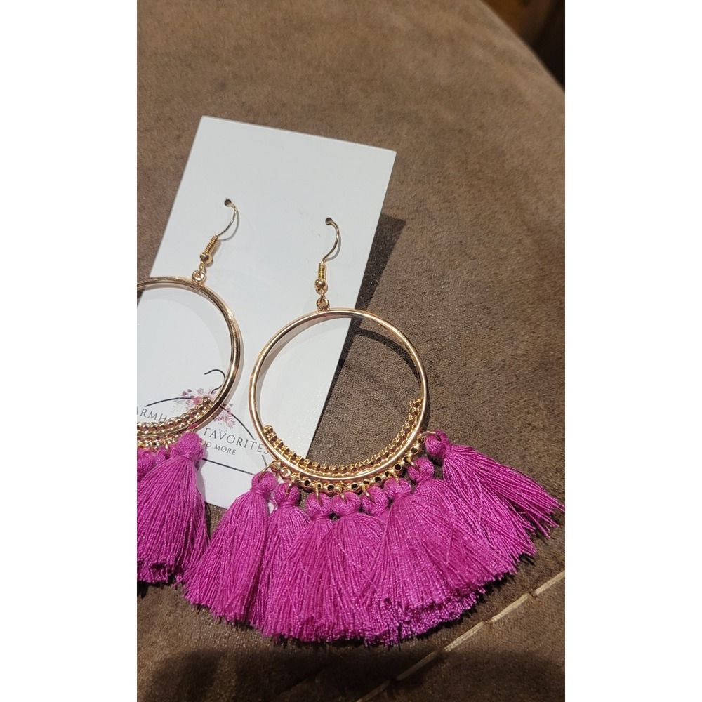 Fuchsia Tassel Open Teardrop Dangle Earrings – Gold Tone Hook Style - Picture 3 of 5